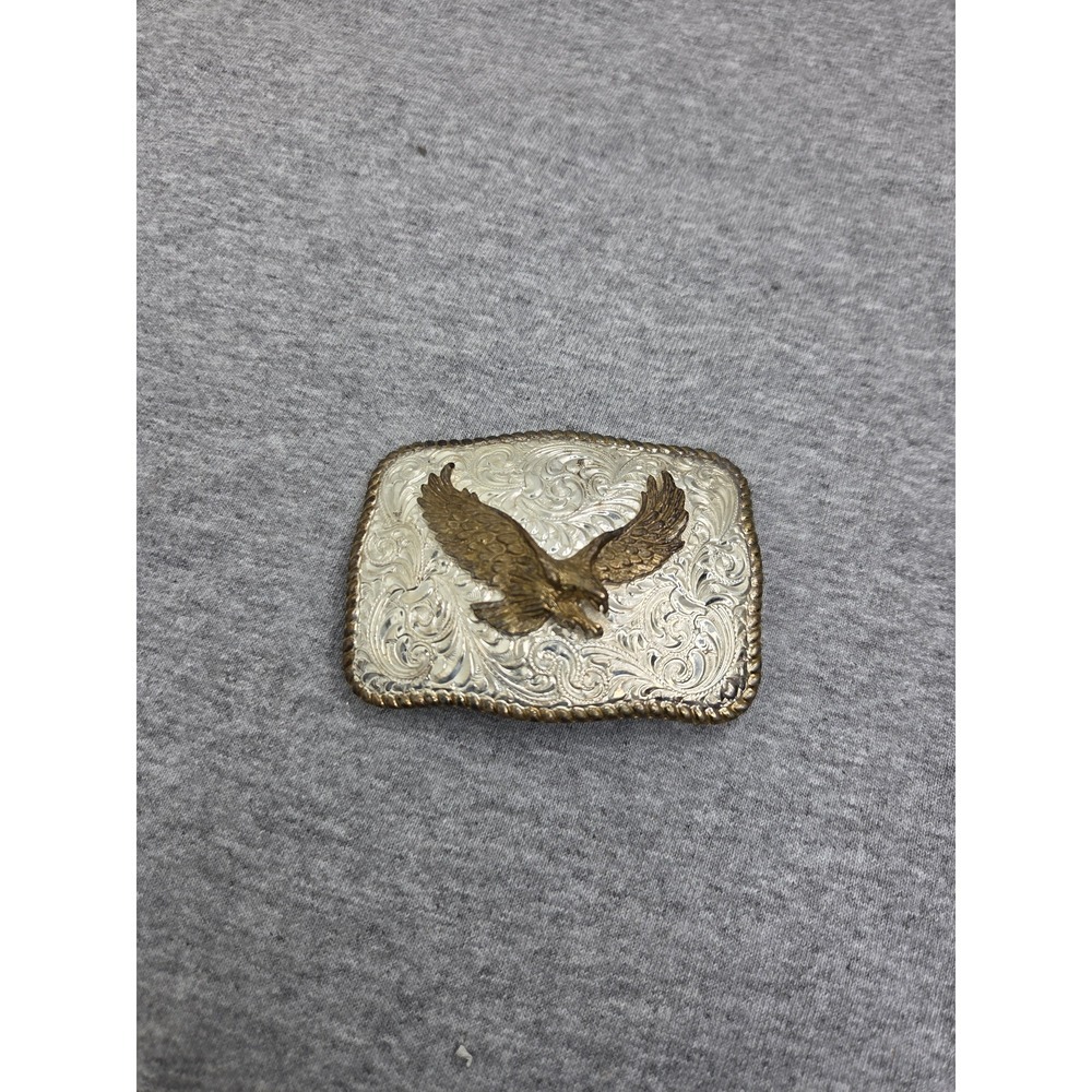 Vintage Crumrine Heavy Silver Bronze Eagle Rodeo Southwest Western Belt Buckle